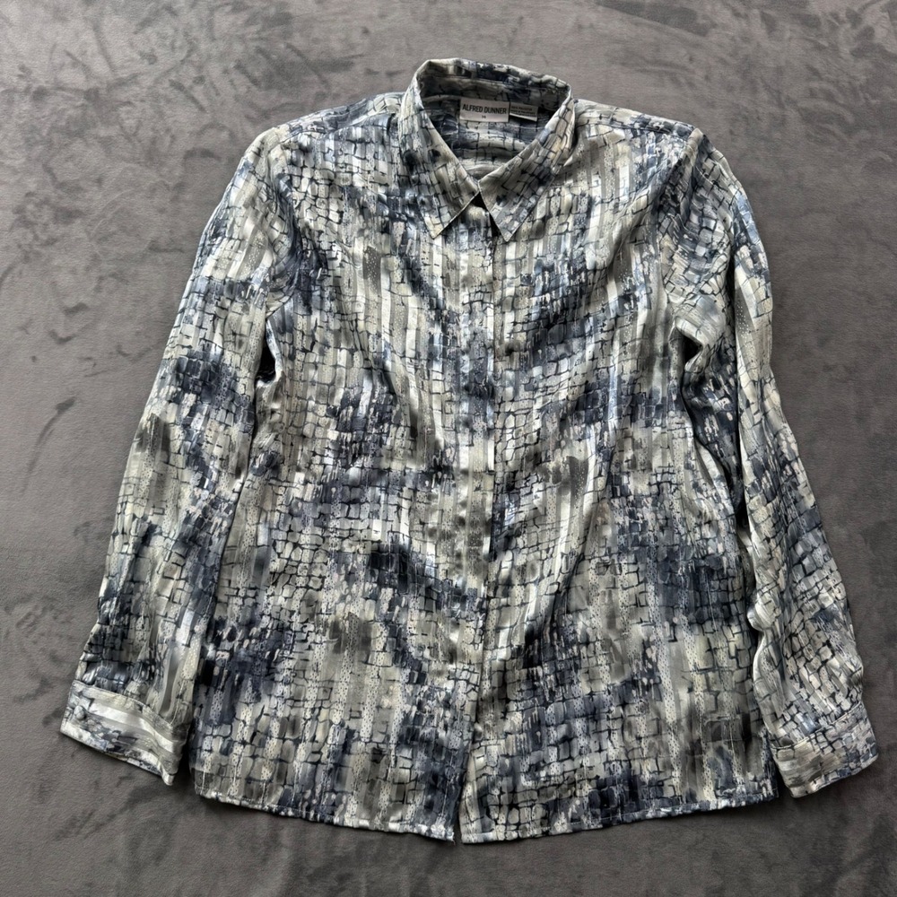 Alfred Dunner Blue Grey Abstract Grid Metallic Stripe Button Down Blouse Size 14